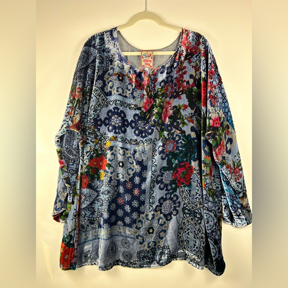Johnny Was Blue Floral Paisley Patchwork Tunic Velvet